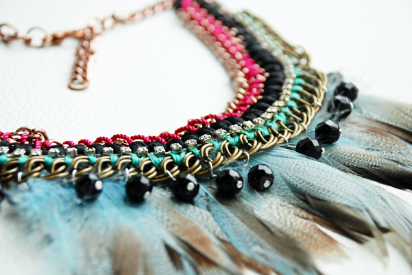 chic-bohemian collar babero, cadenas y plumas